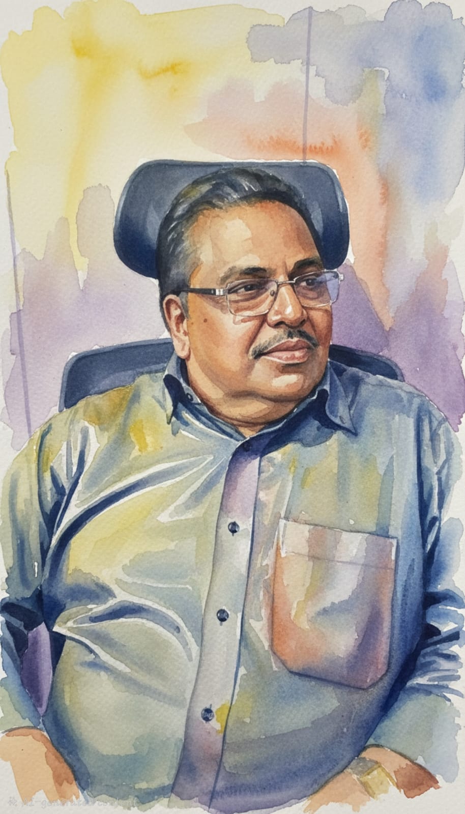Watercolour portrait of Shri M.K. Jayaprakash, co-founder of The New Pharmacy & Stores