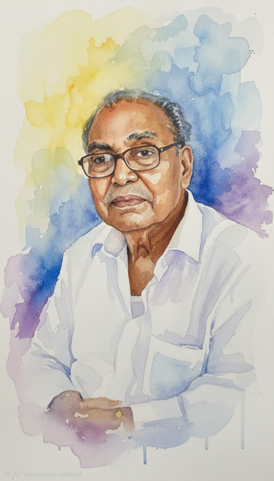 Watercolour portrait of Late Shri M.K. Unnikutty, co-founder of The New Pharmacy & Stores
